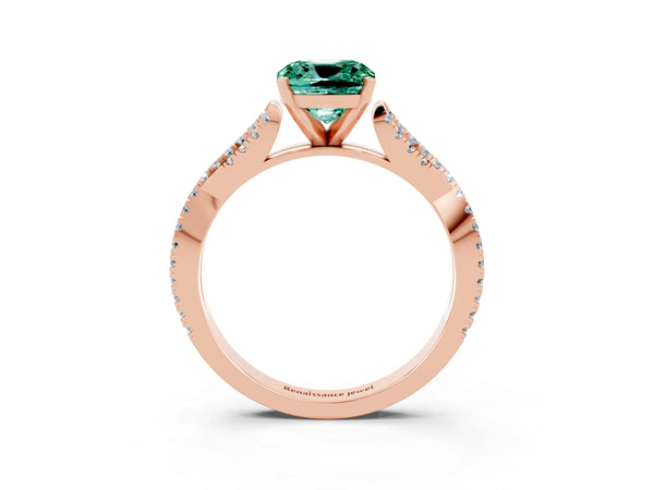 Rose gold Cushion Cut Green Sapphire Solitaire Engagement Ring with Twisted Pavé Band and Four-Prong Setting