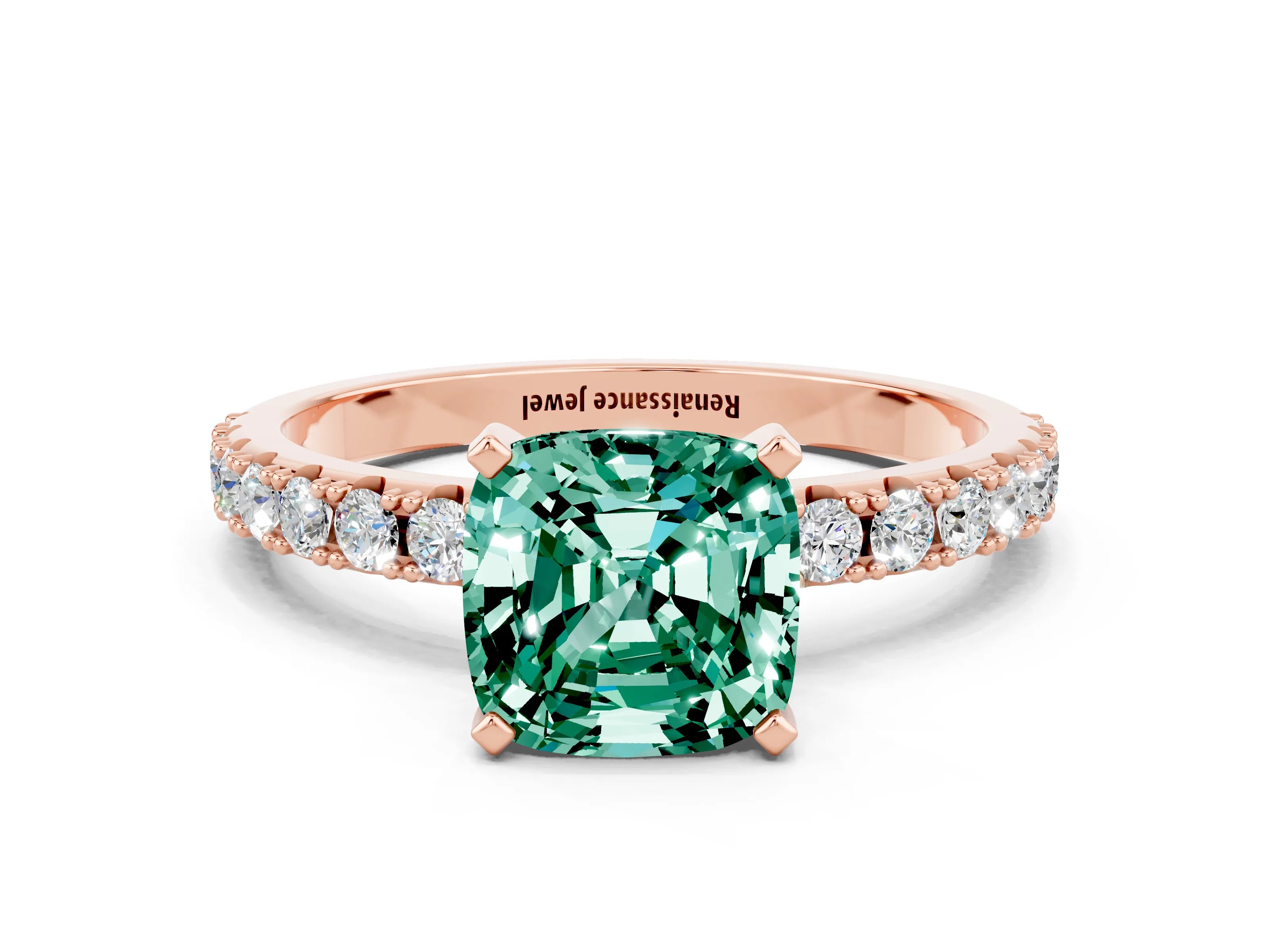 Rose gold Cushion Cut Green Sapphire Solitaire Pavé Band with Four-Prong Setting