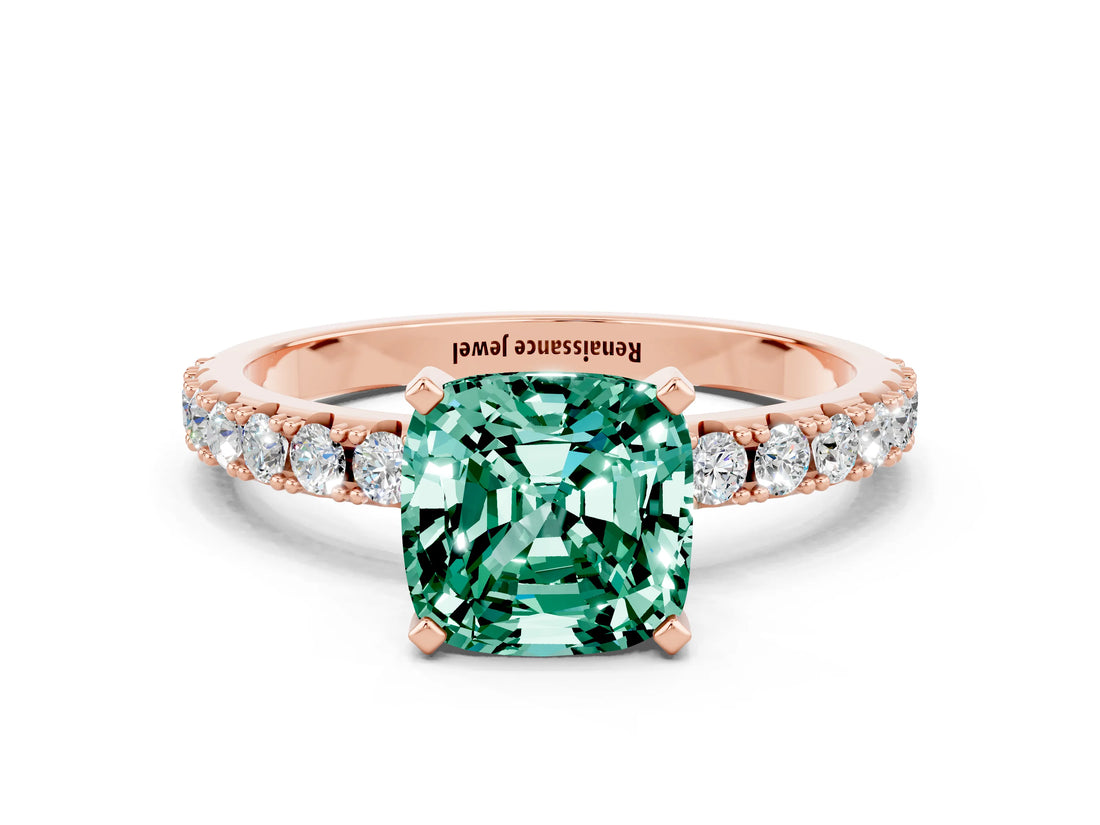 Rose gold Cushion Cut Green Sapphire Solitaire Pavé Band with Four-Prong Setting
