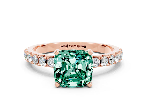 Rose gold Cushion Cut Green Sapphire Solitaire Pavé Band with Four-Prong Setting