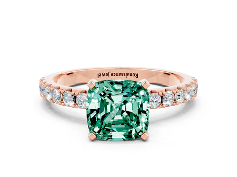 Rose gold Cushion Cut Green Sapphire Solitaire Pavé Band with Four-Prong Setting