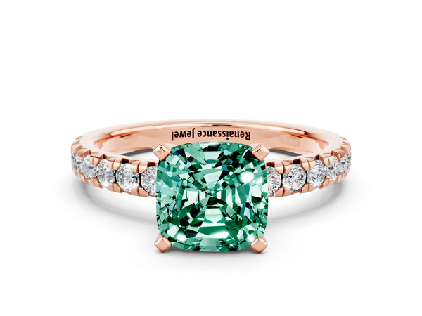 Rose gold Cushion Cut Green Sapphire Solitaire Pavé Engagement Ring with Round Band and Prong Setting