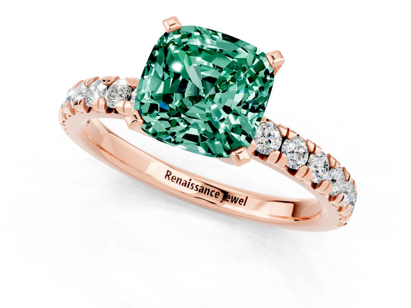Rose gold Cushion Cut Green Sapphire Solitaire Pavé Engagement Ring with Round Band and Prong Setting