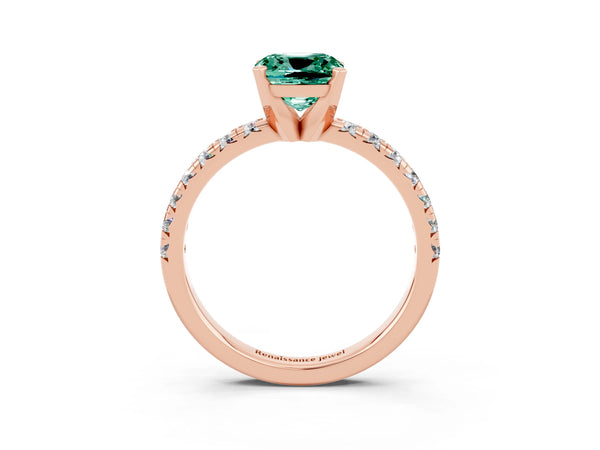 Rose gold Cushion Cut Green Sapphire Solitaire Pavé Engagement Ring with Round Band and Prong Setting