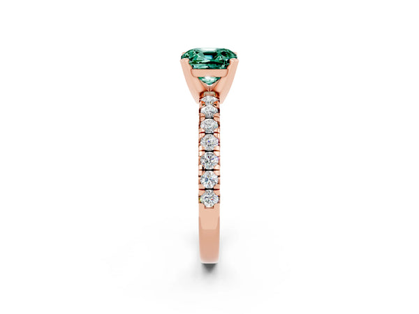 Rose gold Cushion Cut Green Sapphire Solitaire Pavé Engagement Ring with Round Band and Prong Setting
