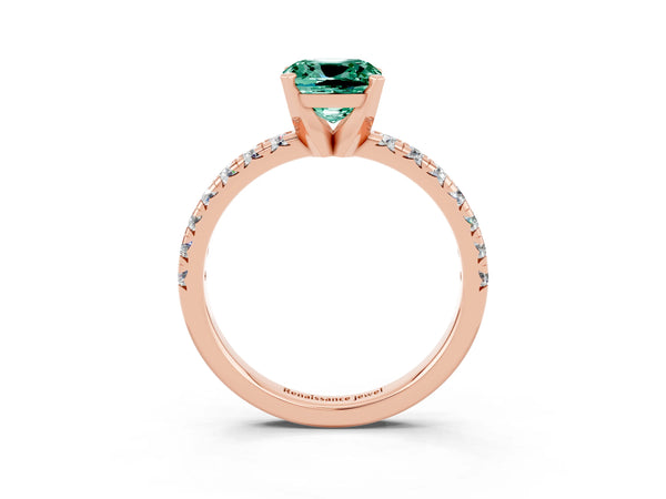 Rose gold Cushion Cut Green Sapphire Solitaire Pavé Engagement Ring with Round Band and Prong Setting