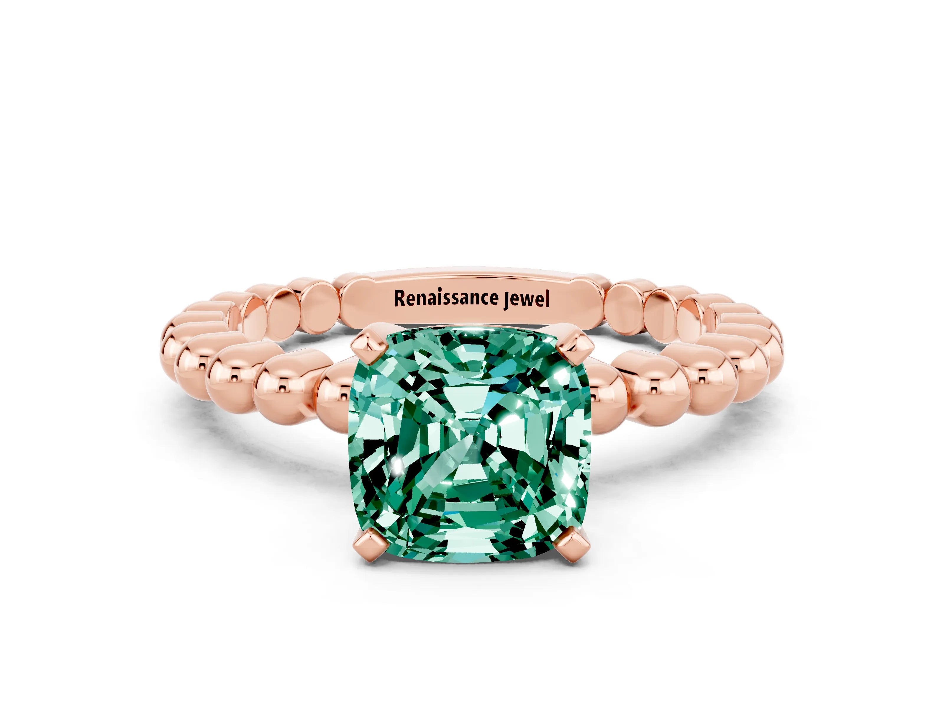 Rose gold Cushion Cut Green Sapphire Solitaire Ring with Beaded Band and Prong Setting