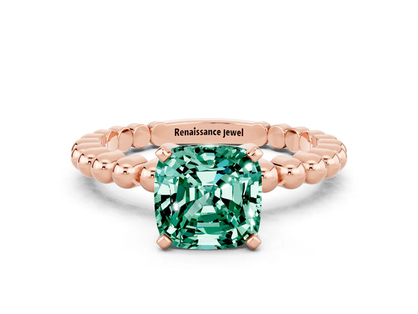 Rose gold Cushion Cut Green Sapphire Solitaire Ring with Beaded Band and Prong Setting