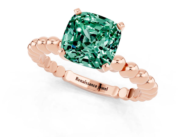 Rose gold Cushion Cut Green Sapphire Solitaire Ring with Beaded Band and Prong Setting