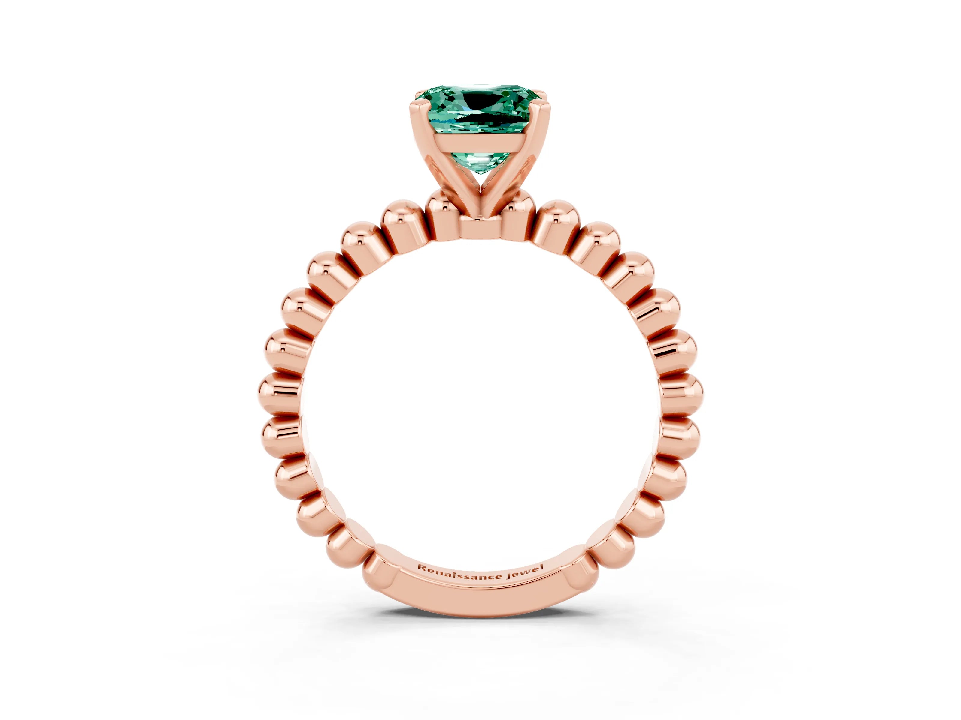 Rose gold Cushion Cut Green Sapphire Solitaire Ring with Beaded Band and Prong Setting_3