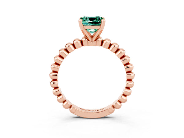 Rose gold Cushion Cut Green Sapphire Solitaire Ring with Beaded Band and Prong Setting