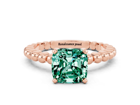Rose gold Cushion Cut Green Sapphire Solitaire Ring with Beaded Band and Prong Setting