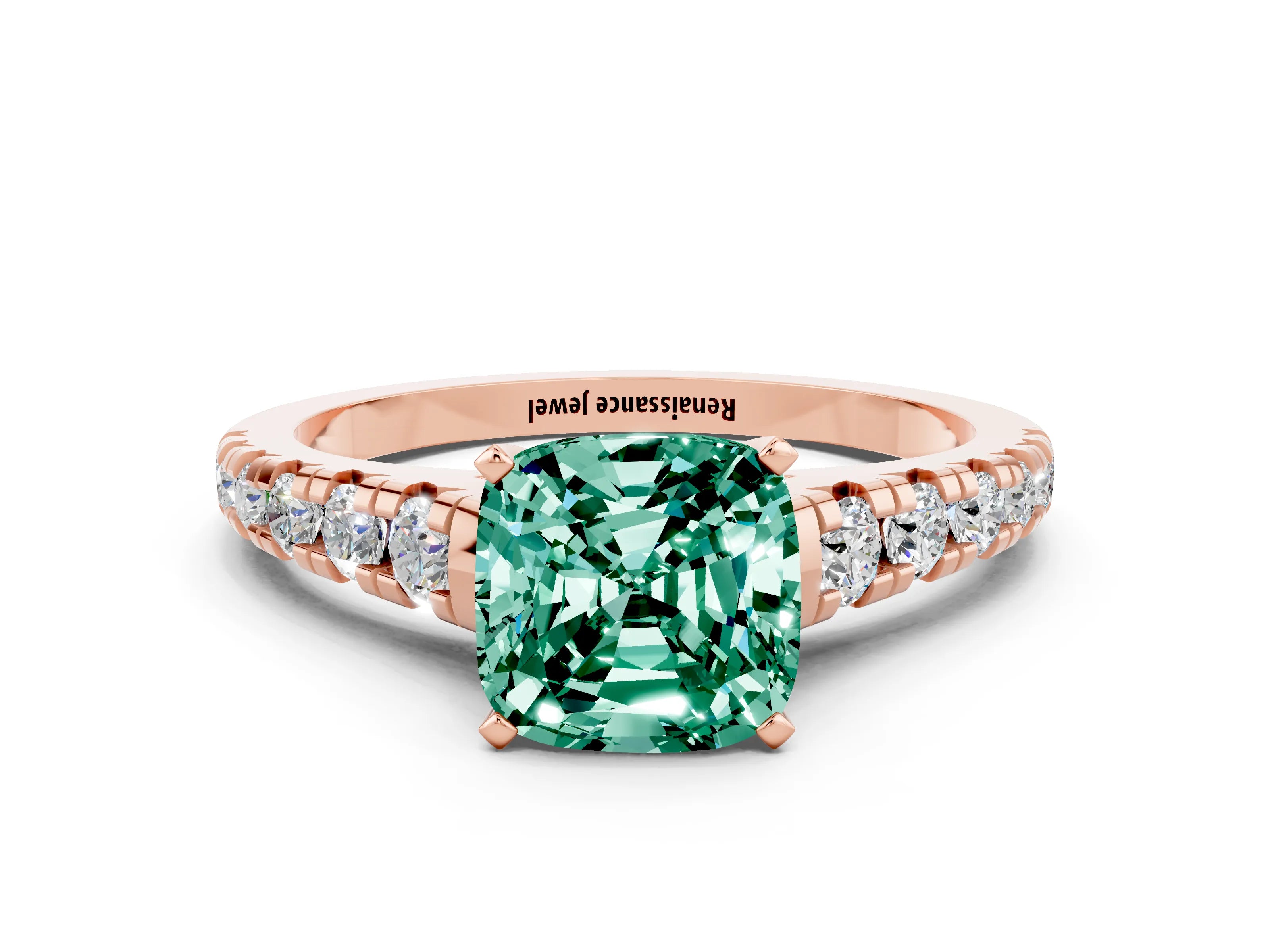 Rose gold Cushion Cut Green Sapphire Solitaire Ring with Cathedral Setting and Pavé Band