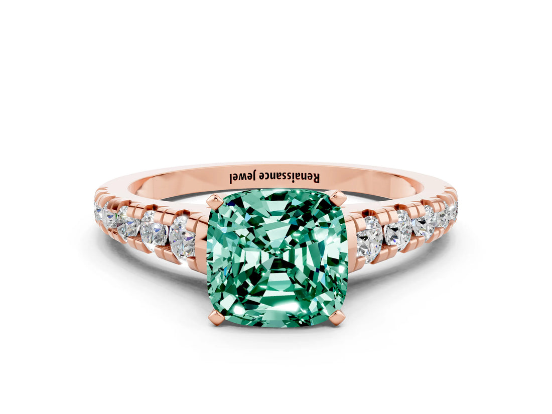 Rose gold Cushion Cut Green Sapphire Solitaire Ring with Cathedral Setting and Pavé Band