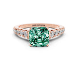 Rose gold Cushion Cut Green Sapphire Solitaire Ring with Cathedral Setting and Pavé Band