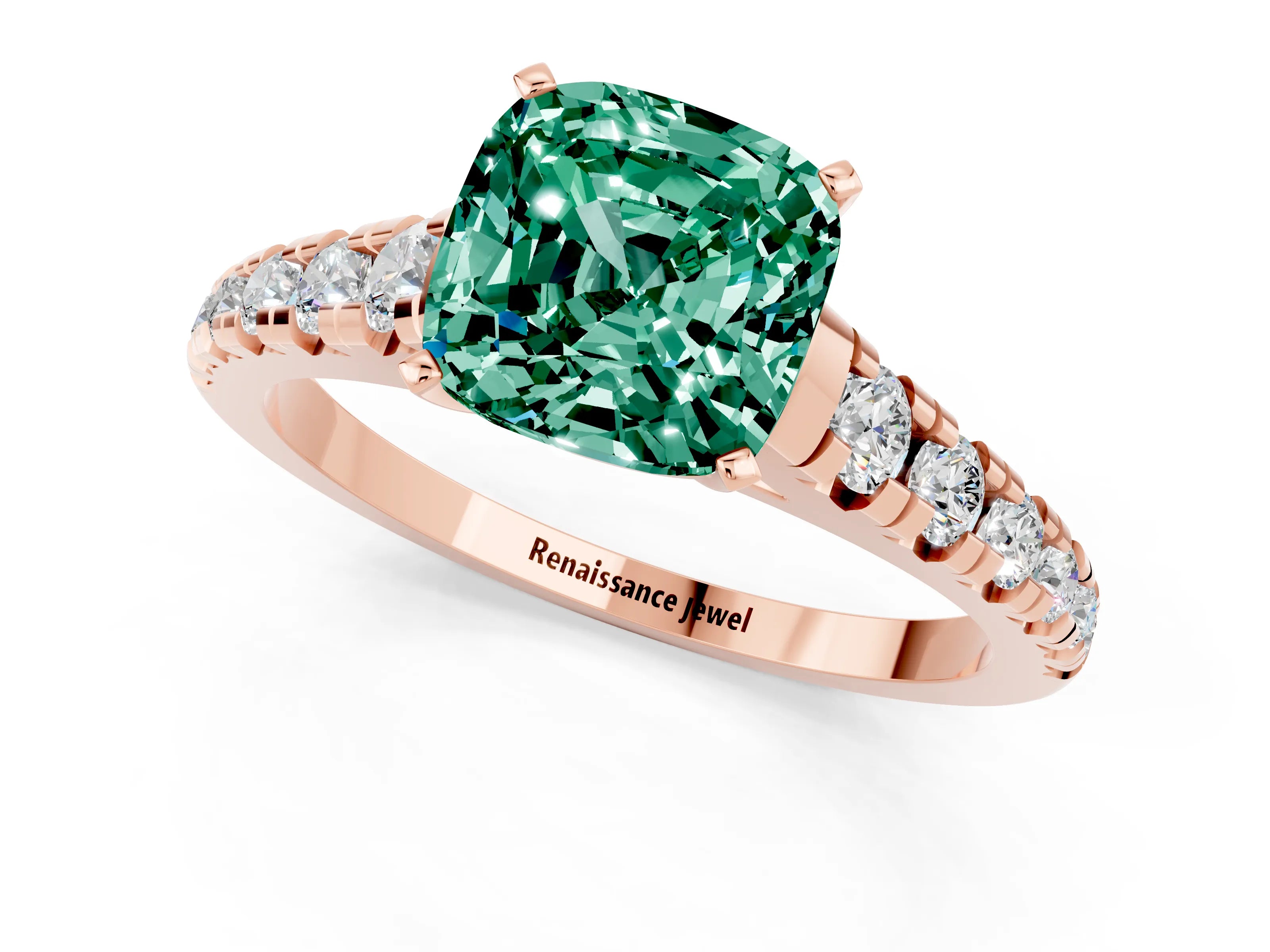 Rose gold Cushion Cut Green Sapphire Solitaire Ring with Cathedral Setting and Pavé Band_1