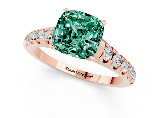 Rose gold Cushion Cut Green Sapphire Cathedral Solitaire Ring with Round  Pavé Band