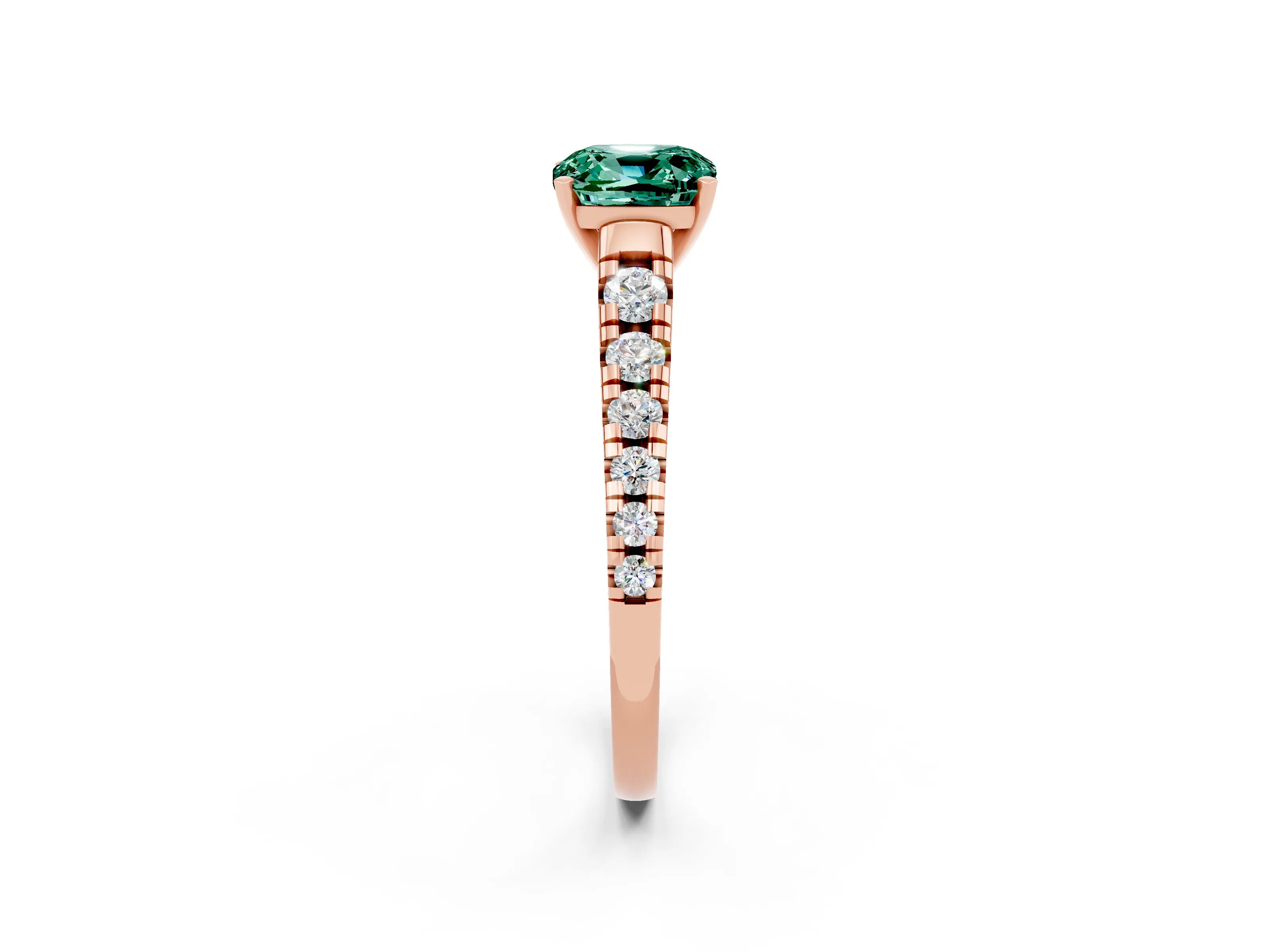 Rose gold Cushion Cut Green Sapphire Solitaire Ring with Cathedral Setting and Pavé Band_2