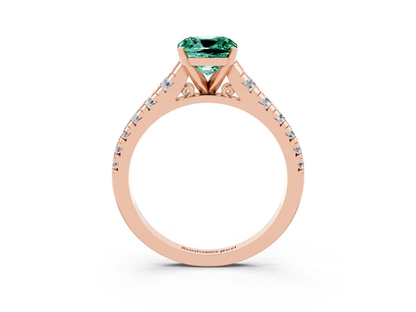 Rose gold Cushion Cut Green Sapphire Cathedral Solitaire Ring with Round  Pavé Band