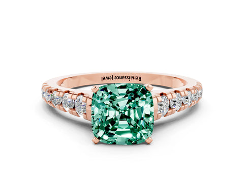 Rose gold Cushion Cut Green Sapphire Solitaire Ring with Cathedral Setting and Pavé Band