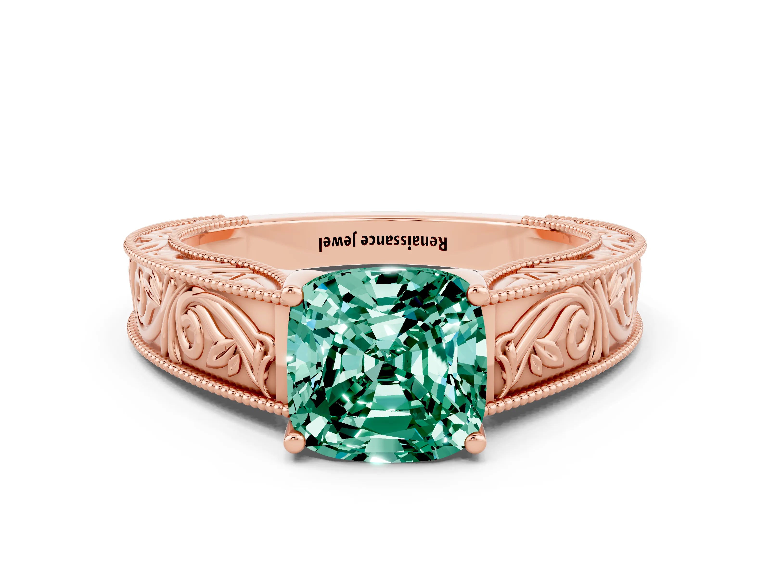 Rose gold Cushion Cut Green Sapphire Solitaire Ring with Engraved Band and Four-Prong Setting