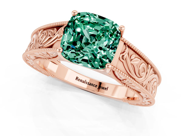 Rose gold Cushion Cut Green Sapphire Solitaire Ring with Engraved Band and Four-Prong Setting