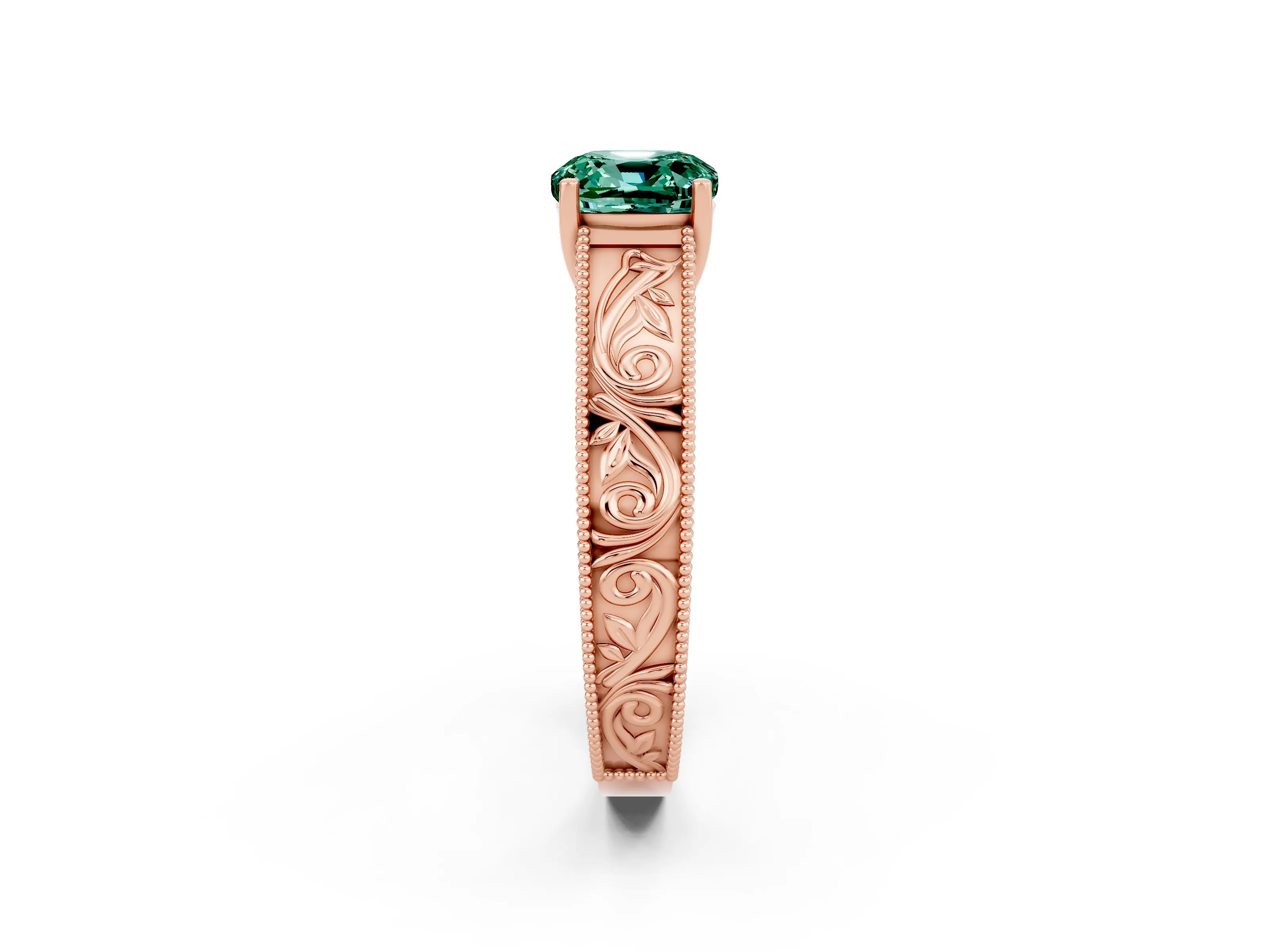 Rose gold Cushion Cut Green Sapphire Solitaire Ring with Engraved Band and Four-Prong Setting_2