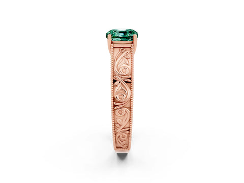 Rose gold Cushion Cut Green Sapphire Solitaire Ring with Engraved Band and Four-Prong Setting_2