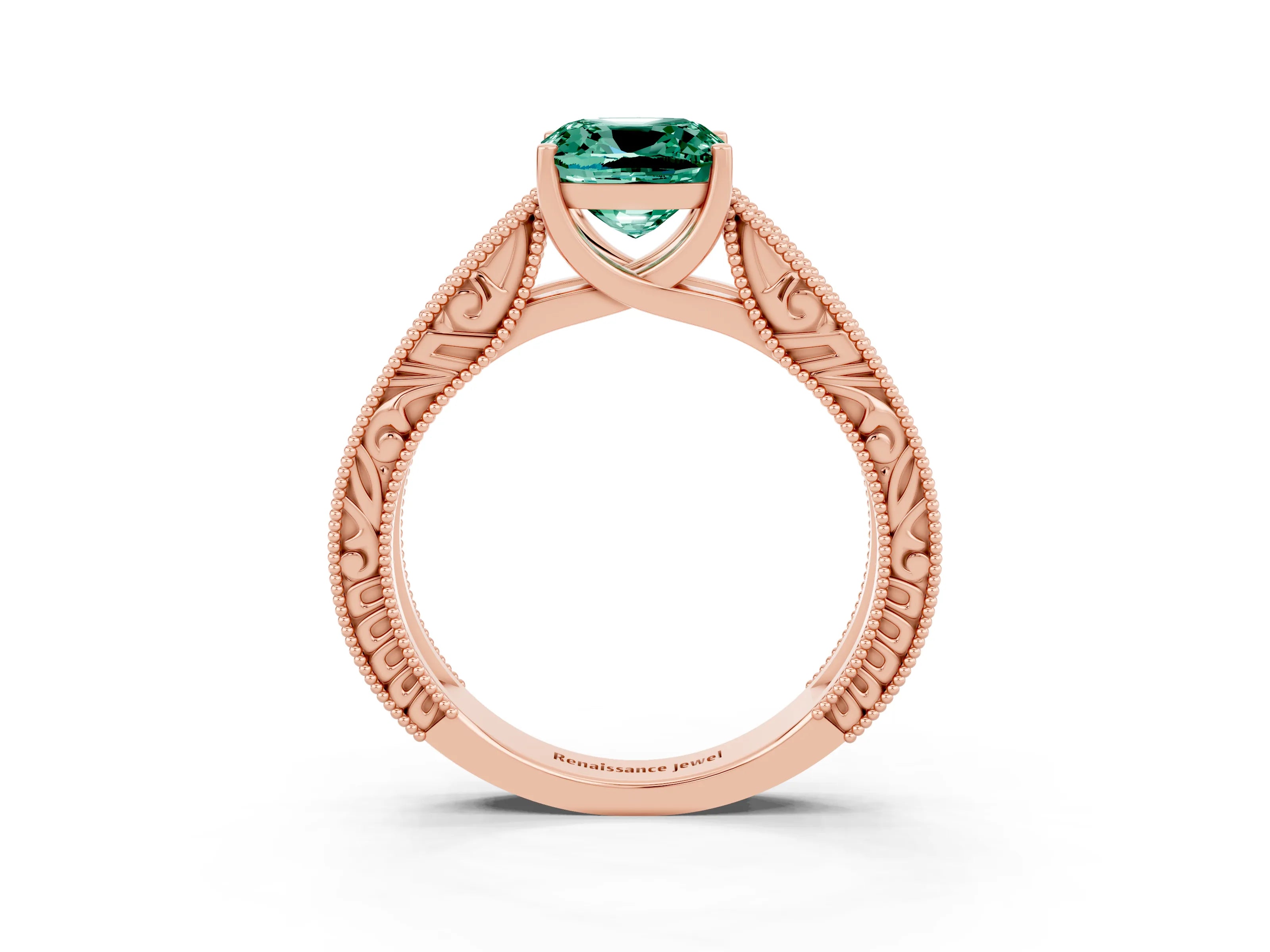 Rose gold Cushion Cut Green Sapphire Solitaire Ring with Engraved Band and Four-Prong Setting_3