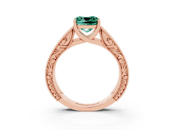 Rose gold Cushion Cut Green Sapphire Solitaire Ring with Engraved Band and Four-Prong Setting