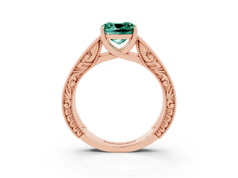 Rose gold Cushion Cut Green Sapphire Solitaire Ring with Engraved Band and Four-Prong Setting_3
