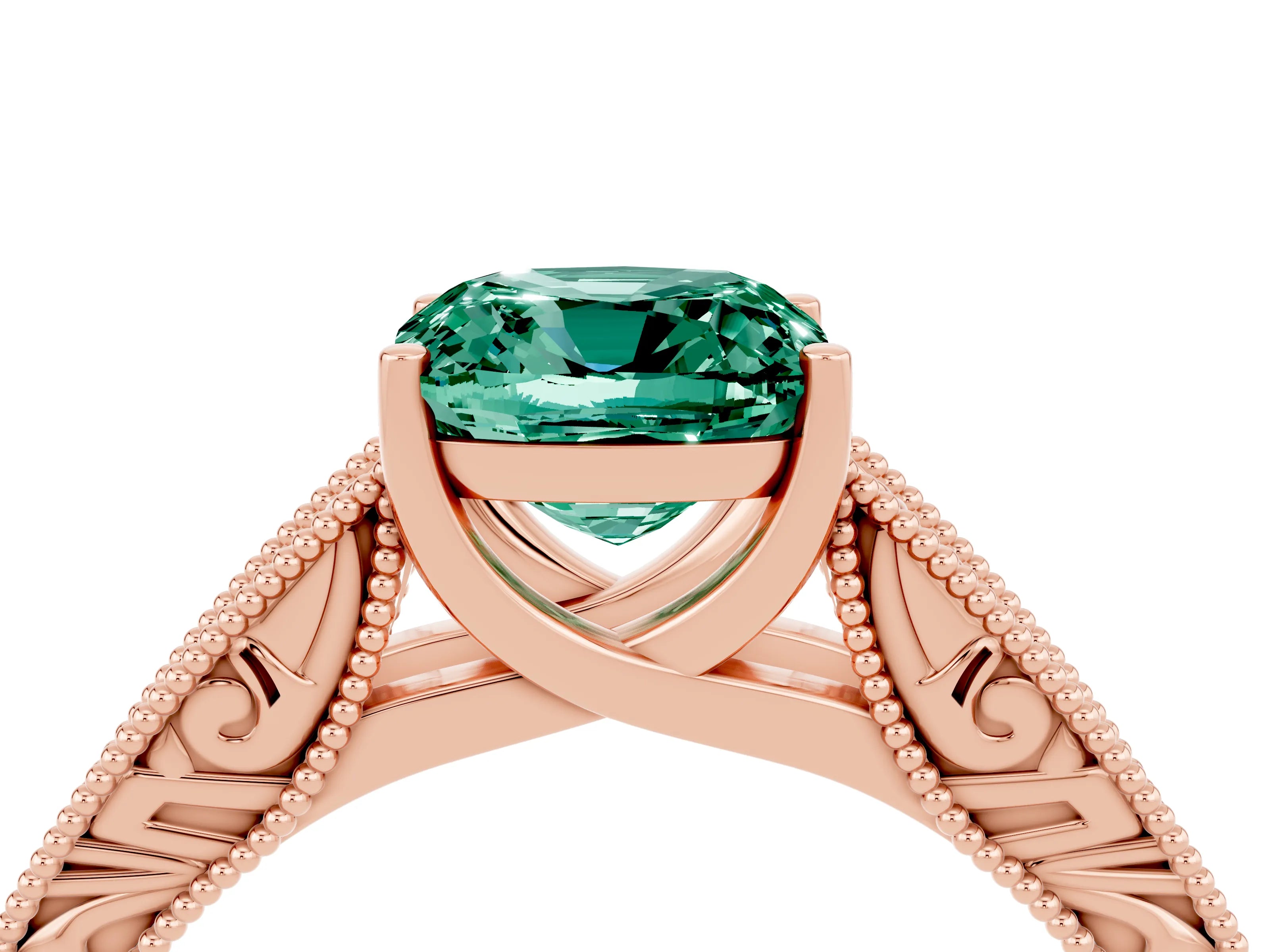 Rose gold Cushion Cut Green Sapphire Solitaire Ring with Engraved Band and Four-Prong Setting_4