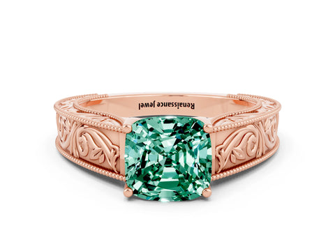 Rose gold Cushion Cut Green Sapphire Solitaire Ring with Engraved Band and Four-Prong Setting