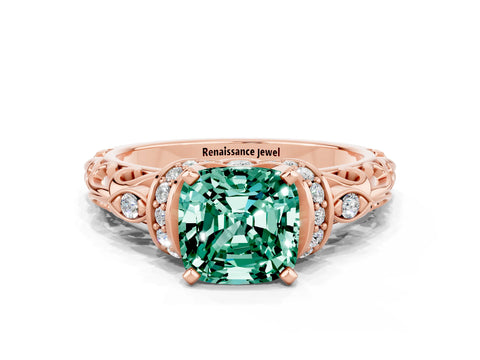 Rose gold Cushion Cut Green Sapphire Solitaire Ring with Filigree Band and Four-Prong Setting_24