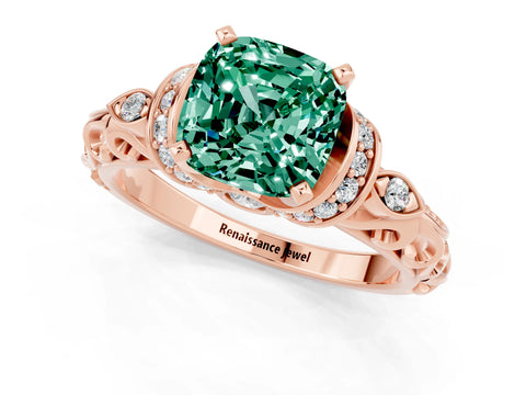 Rose gold Cushion Cut Green Sapphire Solitaire Ring with Filigree Band and Four-Prong Setting_25