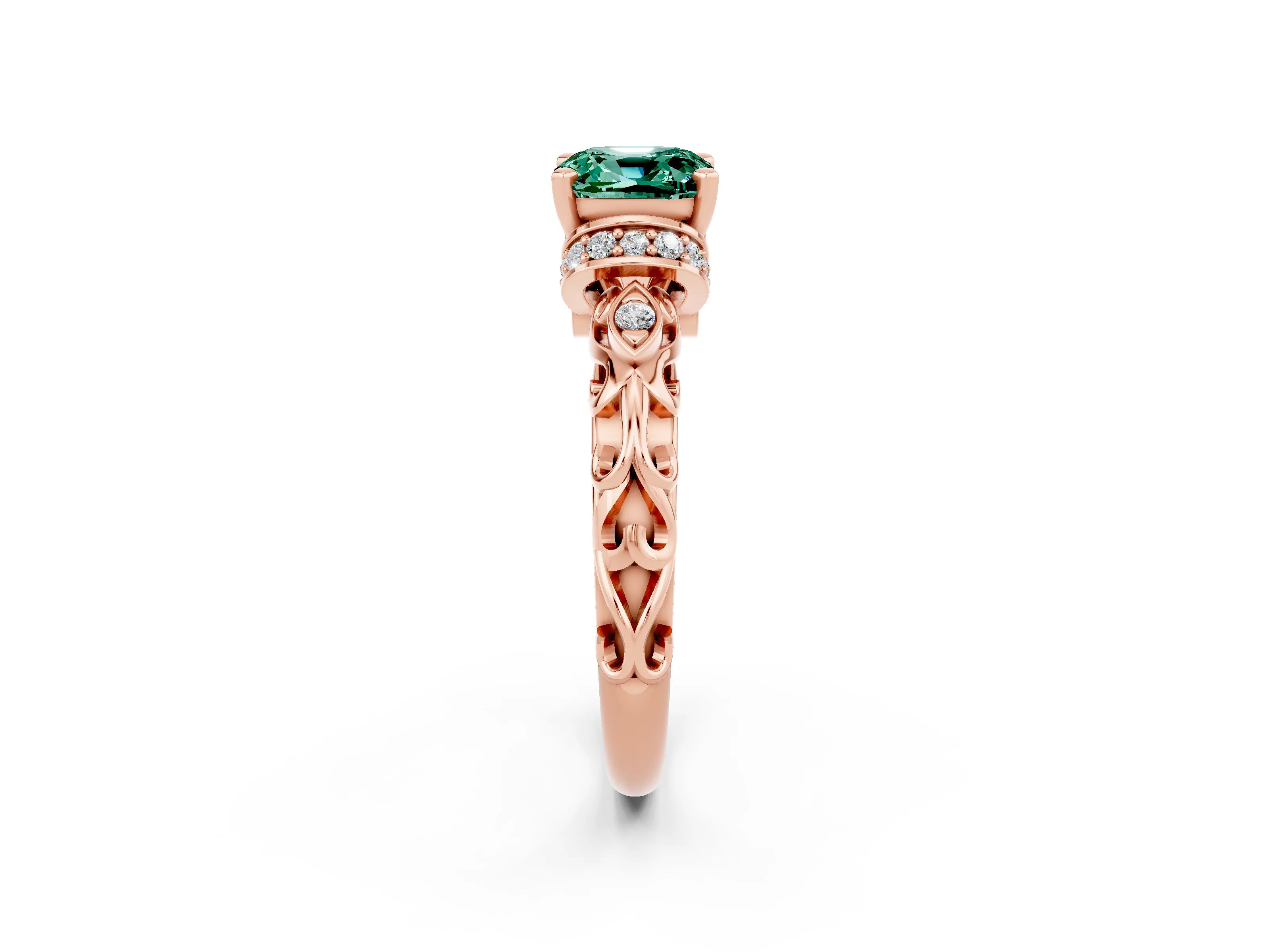 Rose gold Cushion Cut Green Sapphire Solitaire Ring with Filigree Band and Four-Prong Setting_26