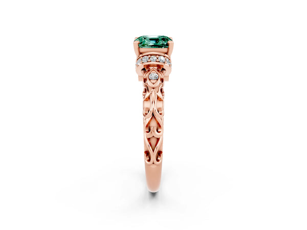 Rose gold Cushion Cut Green Sapphire Solitaire Ring with Filigree Band and Four-Prong Setting