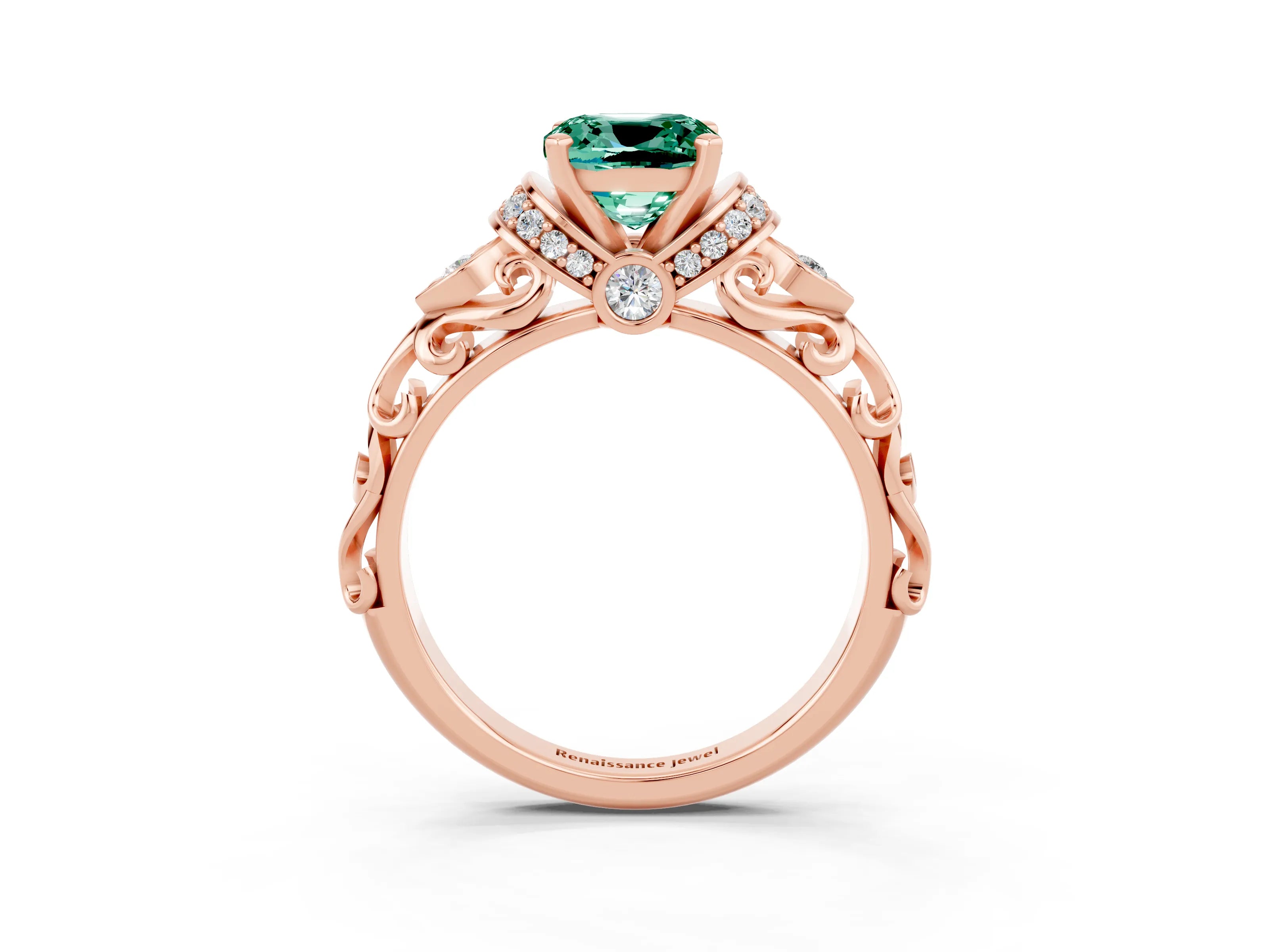 Rose gold Cushion Cut Green Sapphire Solitaire Ring with Filigree Band and Four-Prong Setting_27