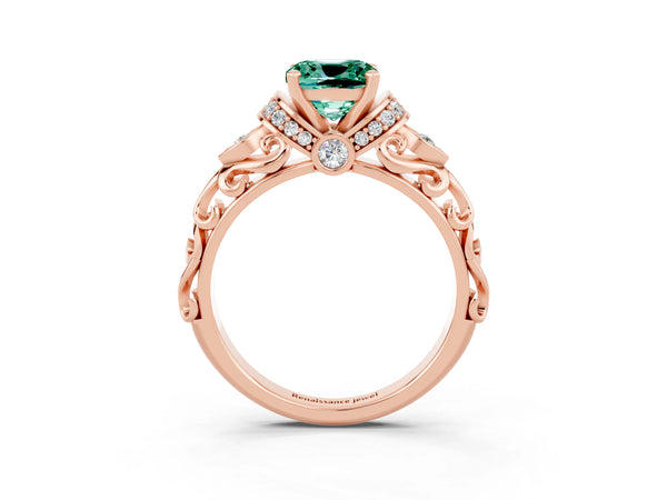 Rose gold Cushion Cut Green Sapphire Solitaire Ring with Filigree Band and Four-Prong Setting