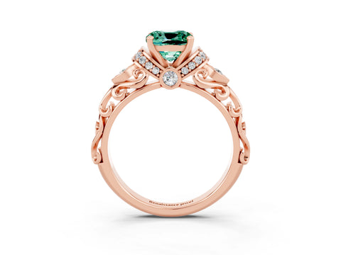 Rose gold Cushion Cut Green Sapphire Solitaire Ring with Filigree Band and Four-Prong Setting_27