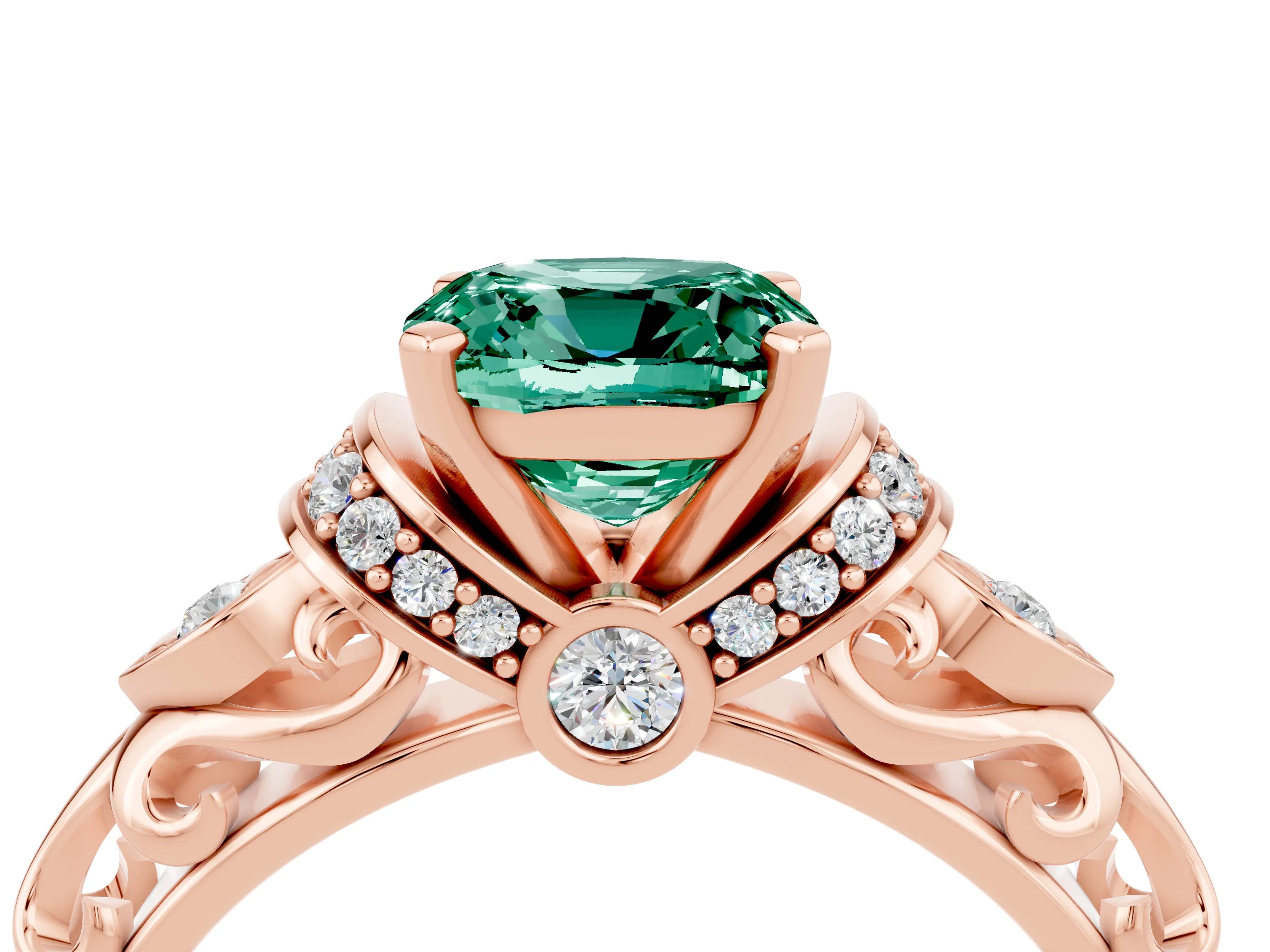 Rose gold Cushion Cut Green Sapphire Solitaire Ring with Filigree Band and Four-Prong Setting_28