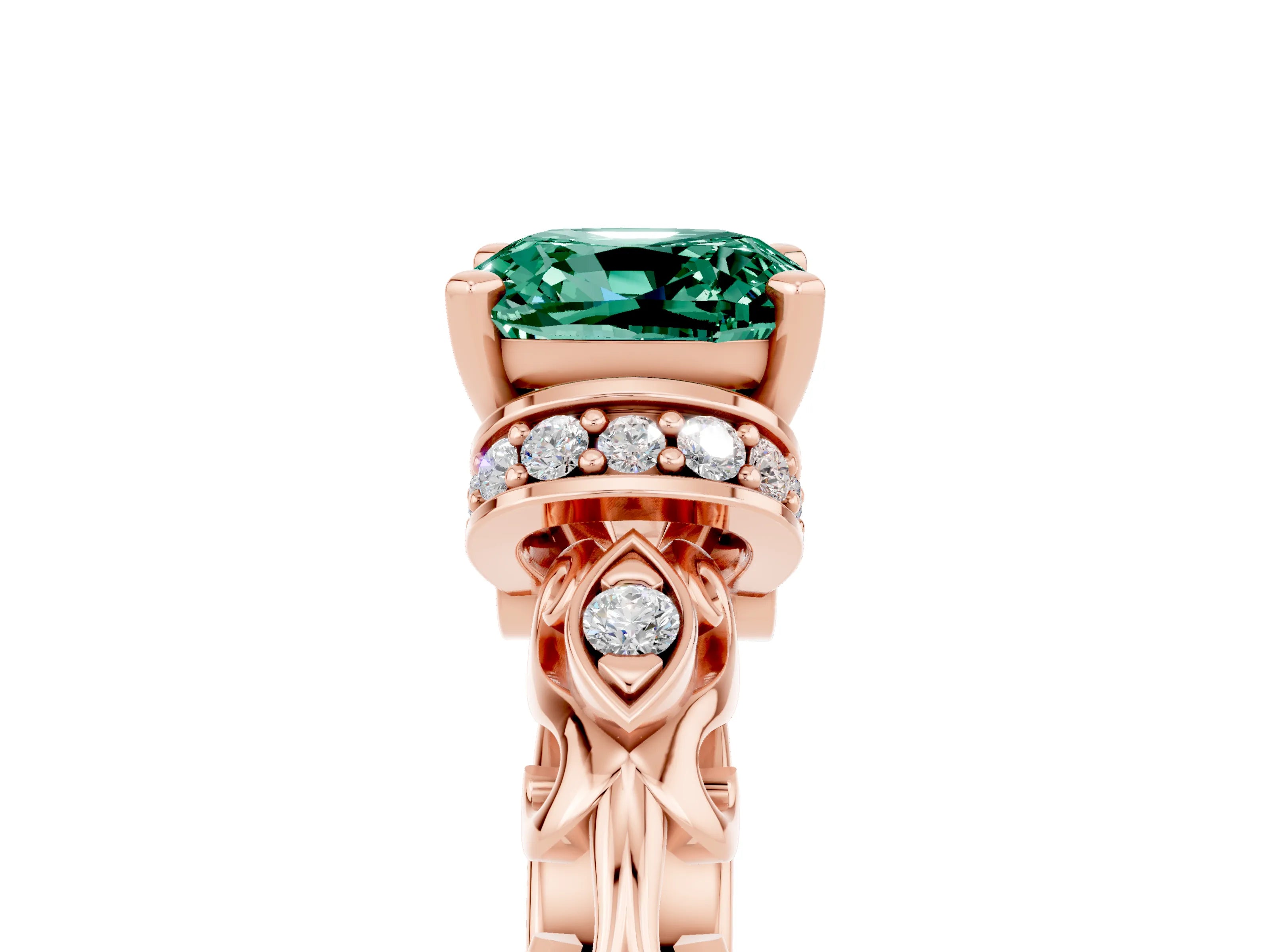 Rose gold Cushion Cut Green Sapphire Solitaire Ring with Filigree Band and Four-Prong Setting_29