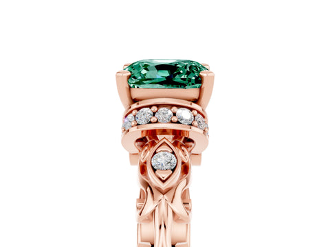 Rose gold Cushion Cut Green Sapphire Solitaire Ring with Filigree Band and Four-Prong Setting_29