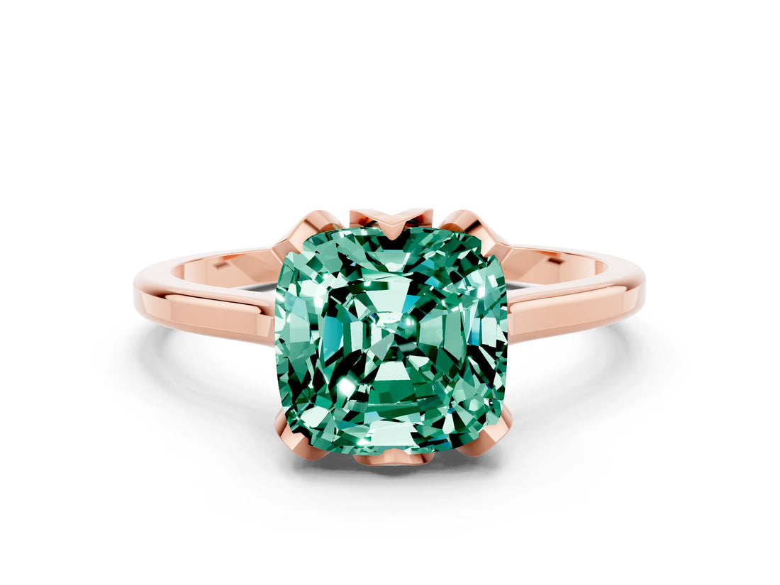 Rose gold Cushion Cut Green Sapphire Solitaire Ring with Flower Prong Setting and Classic Band_12