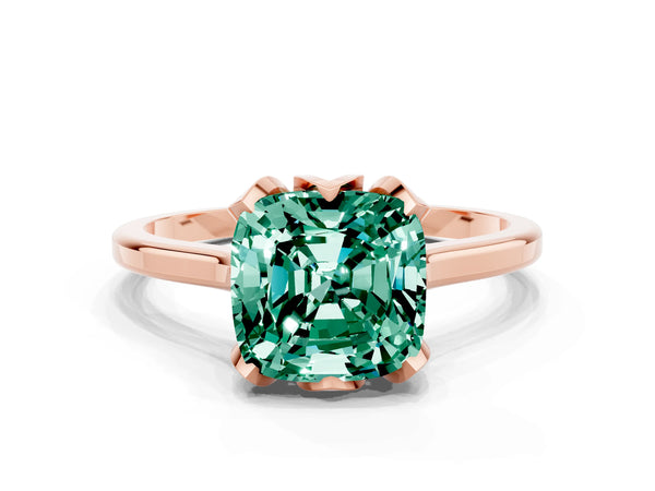 Rose gold Cushion Cut Green Sapphire Solitaire Ring with Flower Prong Setting and Classic Band