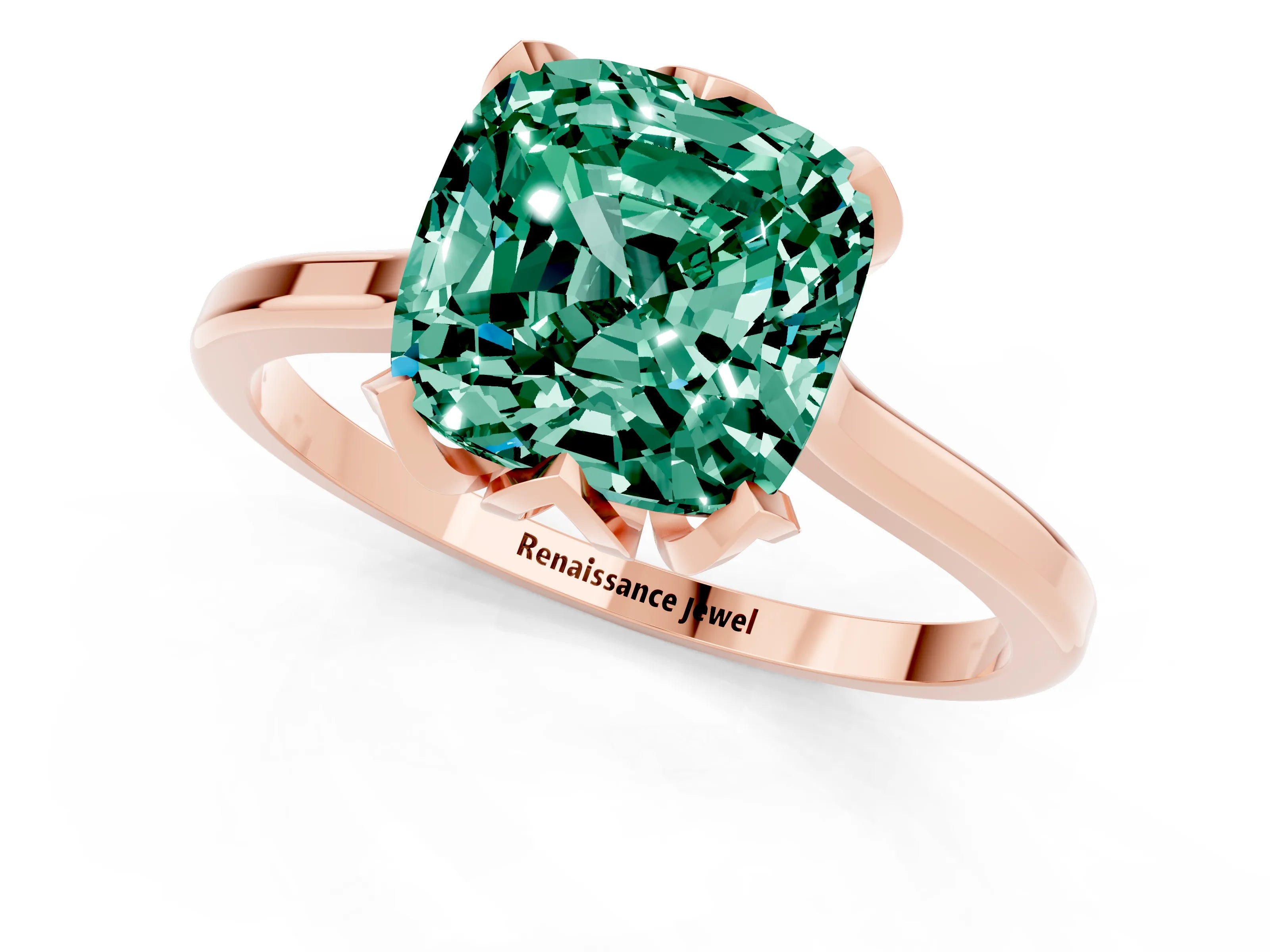 Rose gold Cushion Cut Green Sapphire Solitaire Ring with Flower Prong Setting and Classic Band_13