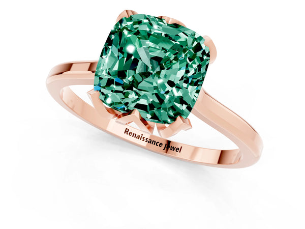 Rose gold Cushion Cut Green Sapphire Solitaire Ring with Flower Prong Setting and Classic Band