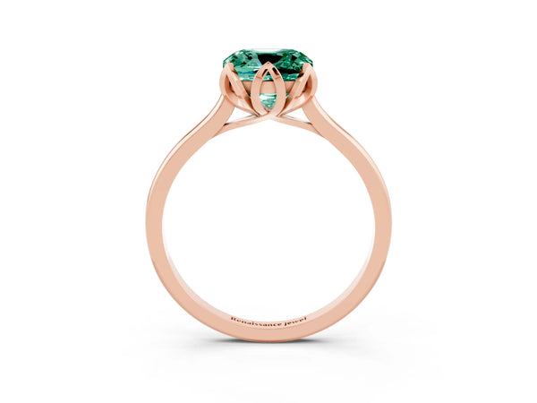 Rose gold Cushion Cut Green Sapphire Solitaire Ring with Flower Prong Setting and Classic Band