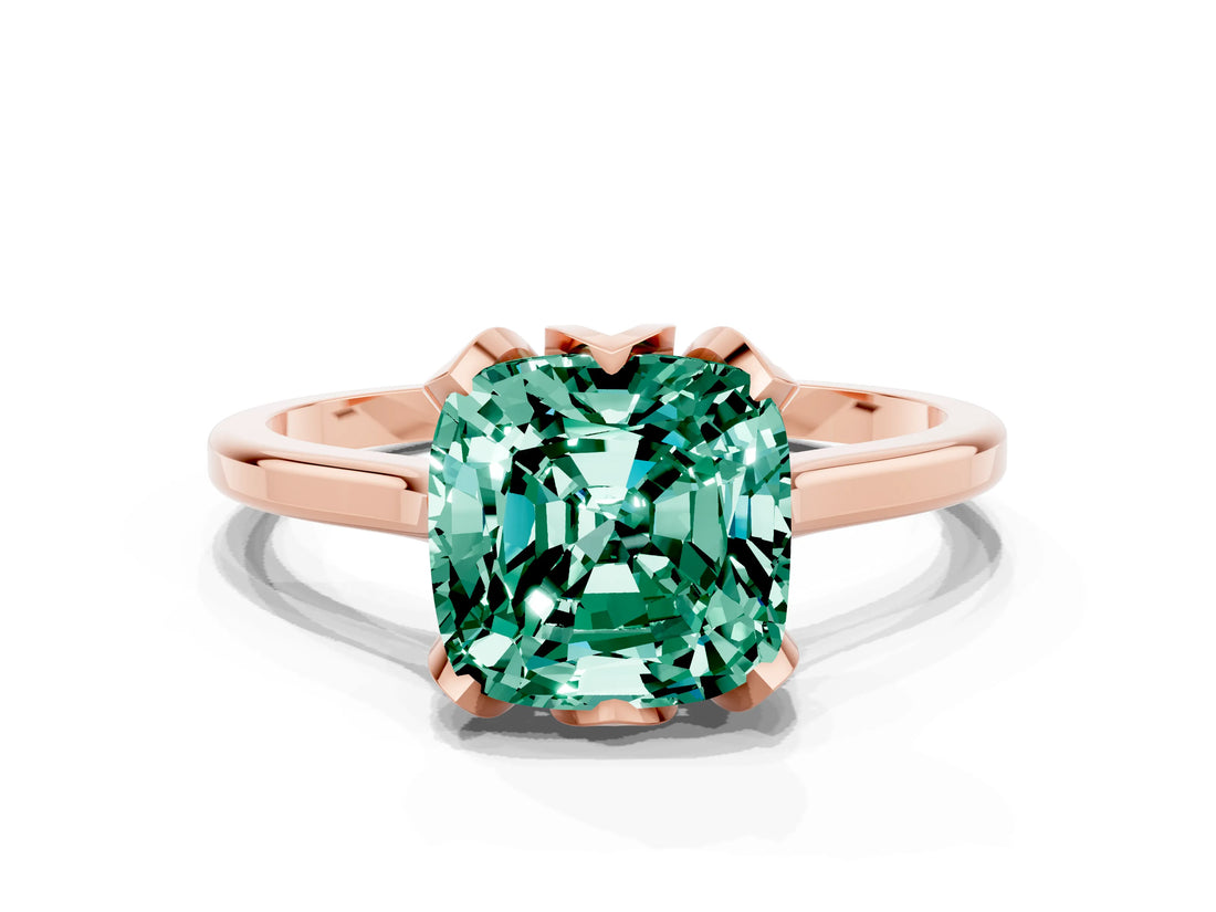 Rose gold Cushion Cut Green Sapphire Solitaire Ring with Flower Prong Setting and Classic Band_36