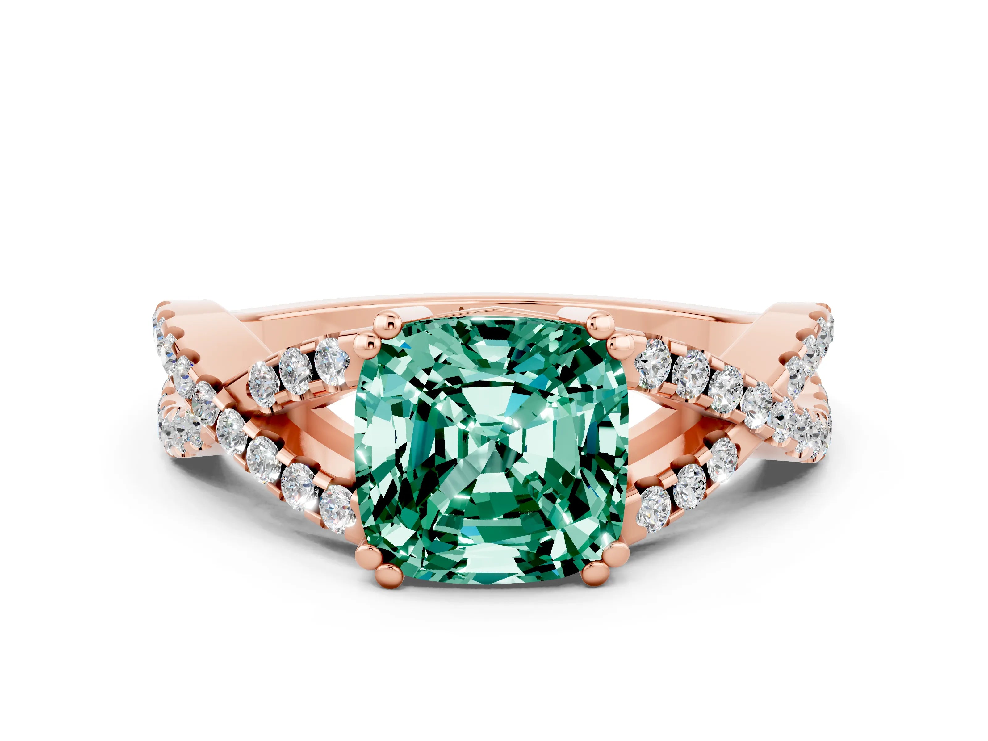 Rose gold Cushion Cut Green Sapphire Solitaire Ring with Four-Prong Setting and Twisted Pavé Band